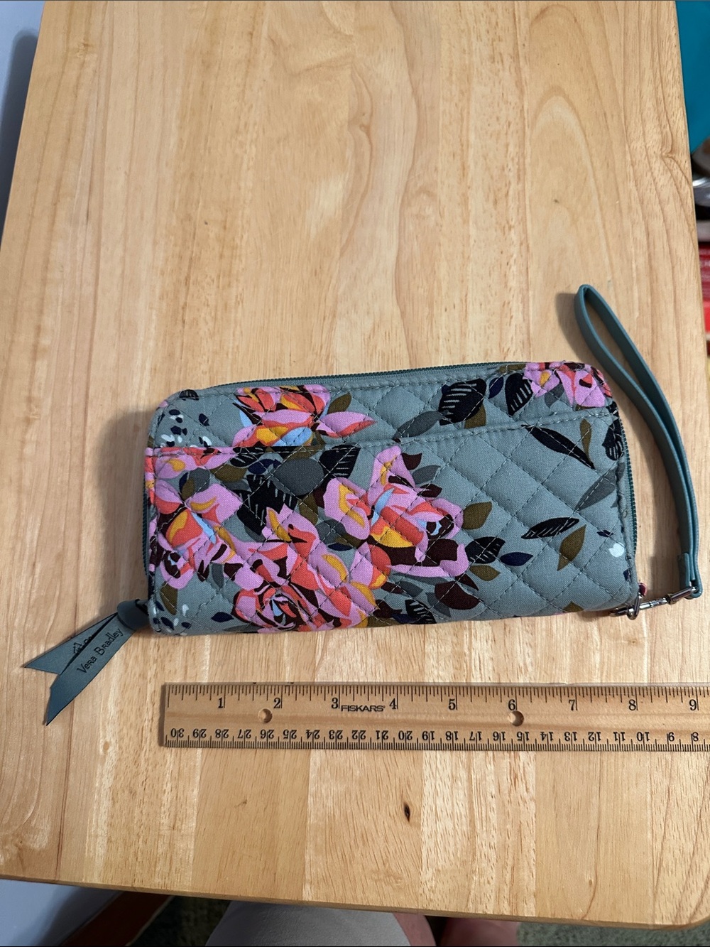 Vera Bradley Teal Quilted Floral Wristlet with Pink and Orange Accents